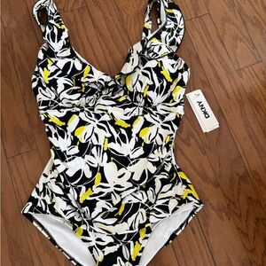 DKNY Black and Yellow One Piece Swimsuit with Tropical Flair